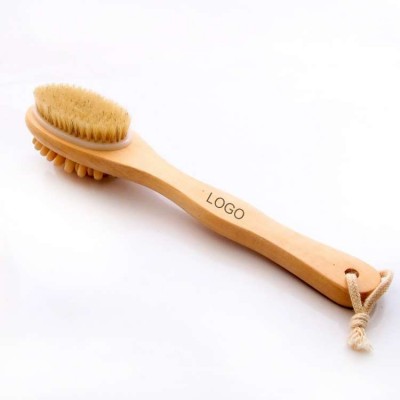 custom logo wooden handle bath brush two-sided massager and bristle brush